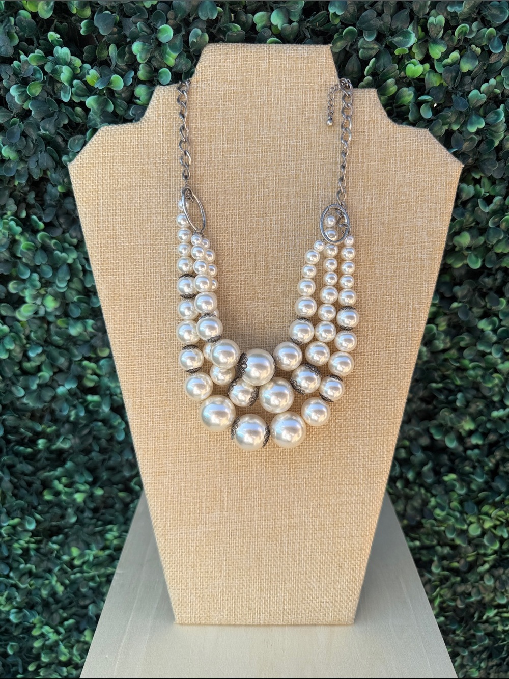 Pearl Multi-Strand Statement Necklace - Silver Tone